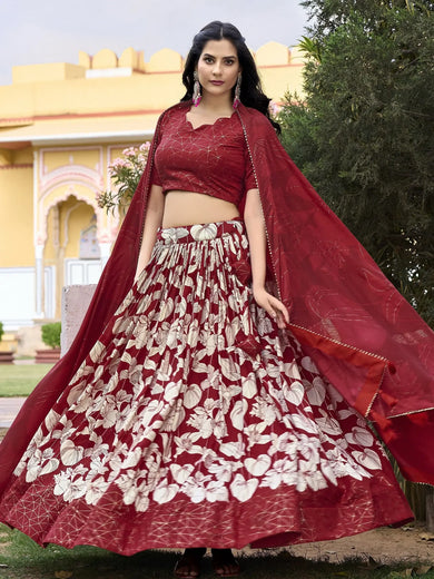 Bewitching Red Floral Printed Tussar Silk Lehenga Choli With Dupatta